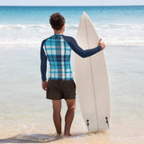 Men's Ocean Blues Preppy Surfer Plaid Rash Guard with Navy Blue Sleeves
