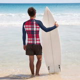 Men's Red, White and Navy Blue Preppy Surfer Plaid Rash Guard with Navy Blue Sleeves