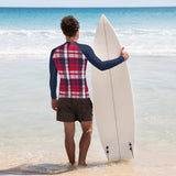 Men's Red, White and Navy Blue Preppy Surfer Plaid Rash Guard with Navy Blue Sleeves