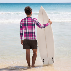 Men's Hot Pink and Navy Blue Preppy Surfer Plaid Rash Guard