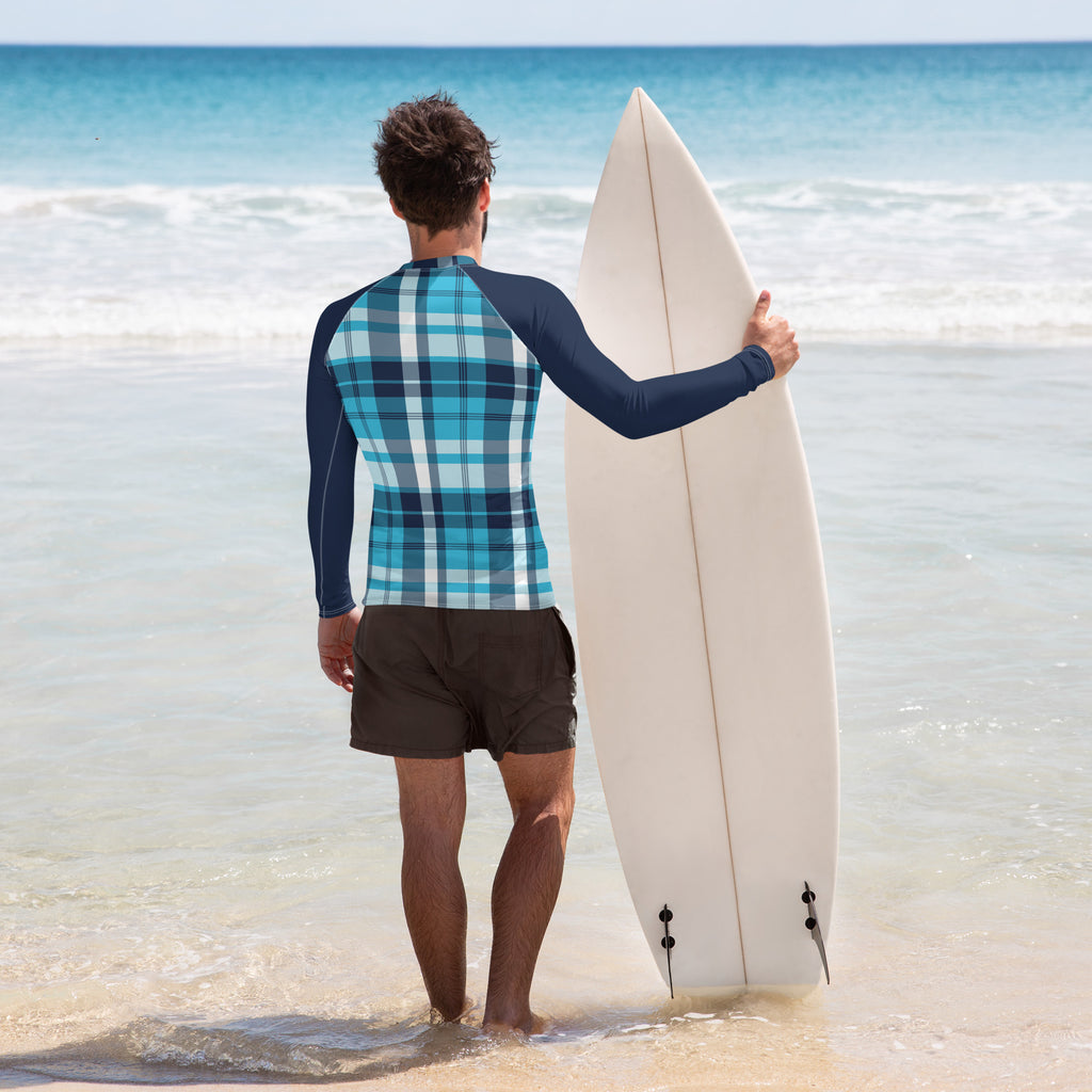Men's Ocean Blues Preppy Surfer Plaid Rash Guard with Navy Blue Sleeve ...