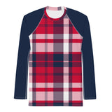 Men's Red, White and Navy Blue Preppy Surfer Plaid Rash Guard with Navy Blue Sleeves