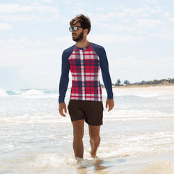 Men's Red, White and Navy Blue Preppy Surfer Plaid Rash Guard with Navy Blue Sleeves