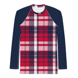 Men's Red, White and Navy Blue Preppy Surfer Plaid Rash Guard with Navy Blue Sleeves