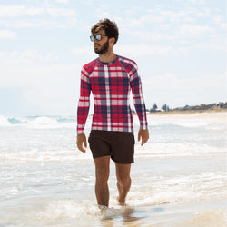 Men's Red, White and Navy Blue Preppy Surfer Plaid Rash Guard