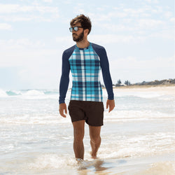 Men's Ocean Blues Preppy Surfer Plaid Rash Guard with Navy Blue Sleeves