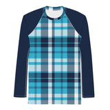 Men's Ocean Blues Preppy Surfer Plaid Rash Guard with Navy Blue Sleeves