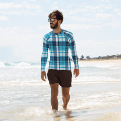 Men's Ocean Blues Preppy Surfer Plaid Rash Guard