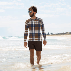 Navy Blue and Brown Preppy Surfer Plaid Men's Rash Guard