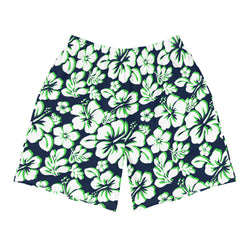 Navy Blue, Lime Green and White Hawaiian Flowers Men's Active Shorts