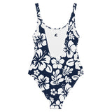 White Hawaiian Flowers on Navy Blue One-Piece Swimsuit - Extremely Stoked