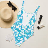 White Hawaiian Flowers on Aqua Blue One-Piece Swimsuit - Extremely Stoked