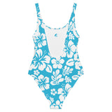 White Hawaiian Flowers on Aqua Blue One-Piece Swimsuit - Extremely Stoked