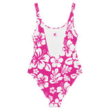 White and Hot Pink Hawaiian Flowers One-Piece Swimsuit - Extremely Stoked