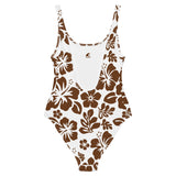 Brown Hawaiian Flowers on White One-Piece Swimsuit - Extremely Stoked