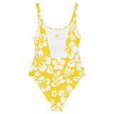 White Hawaiian Flowers on Yellow One-Piece Swimsuit - Extremely Stoked