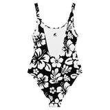 White Hawaiian Flowers on Black One-Piece Swimsuit - Extremely Stoked