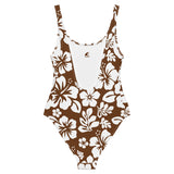 White Hawaiian Flowers on Brown One-Piece Swimsuit - Extremely Stoked