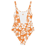 White Hawaiian Flowers on Orange One-Piece Swimsuit - Extremely Stoked