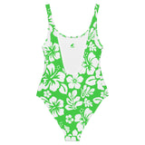 White Hawaiian Flowers on Lime Green One-Piece Swimsuit - Extremely Stoked