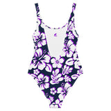 White and Purple Hawaiian Flowers on Navy Blue One Piece Swimsuit - Extremely Stoked