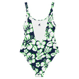 White and Lime Green Hawaiian Flowers on Navy Blue One Piece Swimsuit - Extremely Stoked