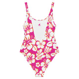 White with Orange Hawaiian Flowers on Hot Pink One Piece Swimsuit - Extremely Stoked