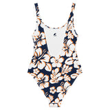 White and Orange Hawaiian Flowers on Navy Blue One Piece Swimsuit - Extremely Stoked