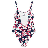 White with Red Hawaiian Flowers on Navy Blue One Piece Swimsuit