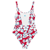 White with Aqua Blue Hawaiian Flowers on Red One Piece Swimsuit