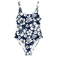 White Hawaiian Flowers on Navy Blue One-Piece Swimsuit - Extremely Stoked