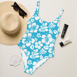 White Hawaiian Flowers on Aqua Blue One-Piece Swimsuit - Extremely Stoked