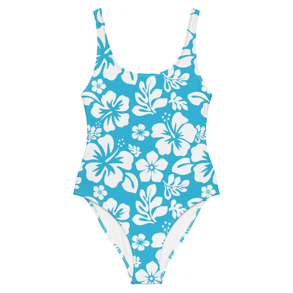 White Hawaiian Flowers on Aqua Blue One-Piece Swimsuit - Extremely Stoked