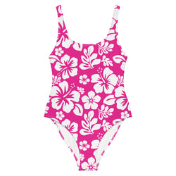 White and Hot Pink Hawaiian Flowers One-Piece Swimsuit - Extremely Stoked