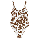 Brown Hawaiian Flowers on White One-Piece Swimsuit - Extremely Stoked