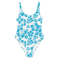 Aqua Blue Hawaiian Flowers on White One-Piece Swimsuit