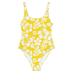 White Hawaiian Flowers on Yellow One-Piece Swimsuit