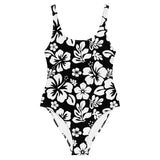 White Hawaiian Flowers on Black One-Piece Swimsuit - Extremely Stoked