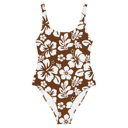 White Hawaiian Flowers on Brown One-Piece Swimsuit - Extremely Stoked