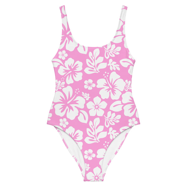 White Hawaiian Flowers on Pink One-Piece Swimsuit - Extremely Stoked