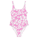 White Hawaiian Flowers on Pink One-Piece Swimsuit - Extremely Stoked