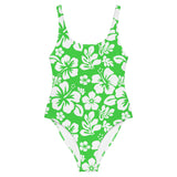 White Hawaiian Flowers on Lime Green One-Piece Swimsuit - Extremely Stoked