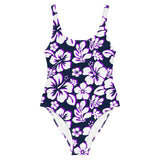 White and Purple Hawaiian Flowers on Navy Blue One Piece Swimsuit - Extremely Stoked