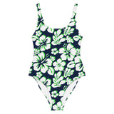 White and Lime Green Hawaiian Flowers on Navy Blue One Piece Swimsuit - Extremely Stoked