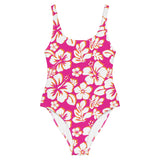 White with Orange Hawaiian Flowers on Hot Pink One Piece Swimsuit - Extremely Stoked