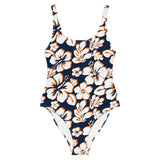 White and Orange Hawaiian Flowers on Navy Blue One Piece Swimsuit - Extremely Stoked