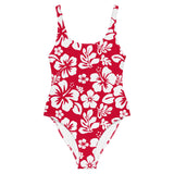 White Hawaiian Flowers on Red One Piece Swimsuit - Eco Swimwear by Extremely Stoked®