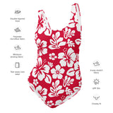 White Hawaiian Flowers on Red One Piece Swimsuit