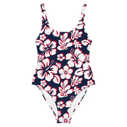 White with Red Hawaiian Flowers on Navy Blue One Piece Swimsuit