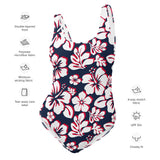 White with Red Hawaiian Flowers on Navy Blue One Piece Swimsuit